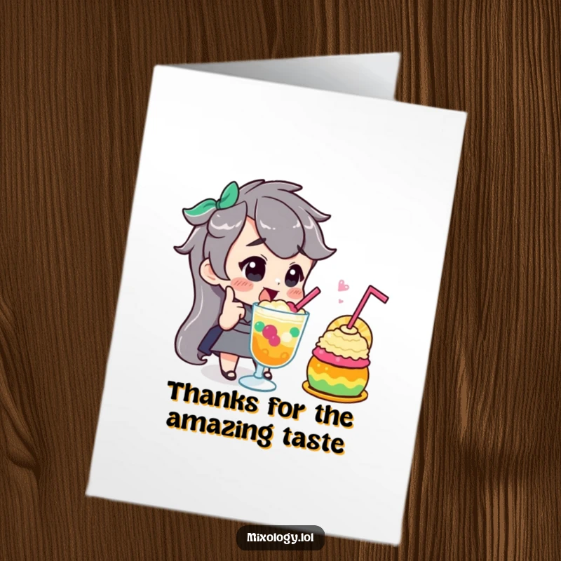 Funny Free Printable Thank You Card: Character confidently nods in approval of a colorful, delightful concoction, saying thanks.