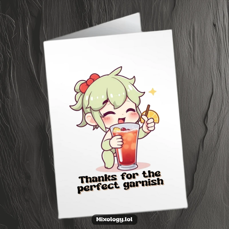Funny free printable thank you card: A character enthusiastically adds a drink twist, symbolizing a perfectly executed act of gratitude.