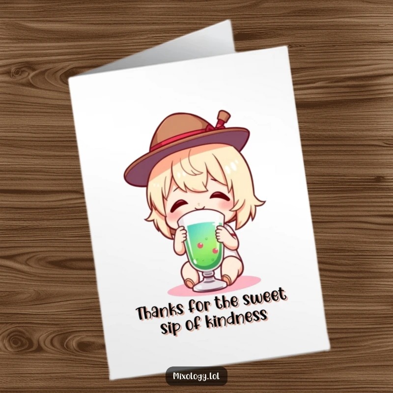 Funny Free Printable Thank You Card of a charming figure wearing a tiny hat, happily tasting a colorful beverage.