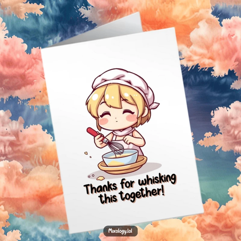 Funny Free Printable thank you card of a character happily whisking ingredients with a small tool. Downloadable appreciation art.