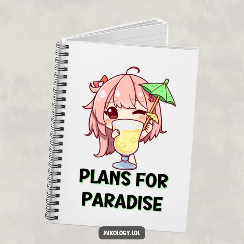 Funny notebook cover with a winking character garnishing a drink with a tiny umbrella, designed for stylish note-taking.