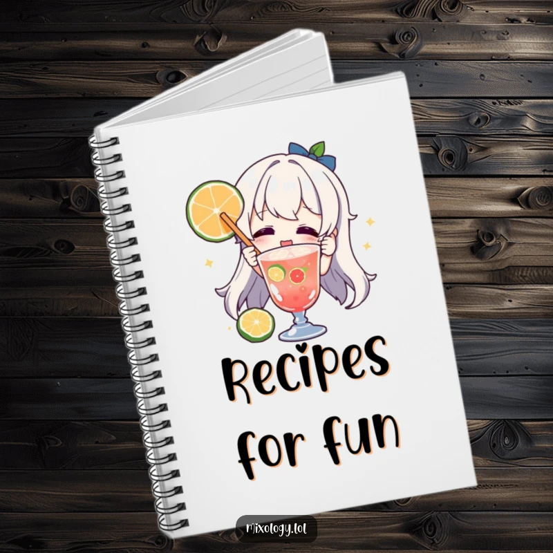 Funny character notebook, joyfully garnishing a drink with fruit, perfect for jotting down ideas with creative flair.