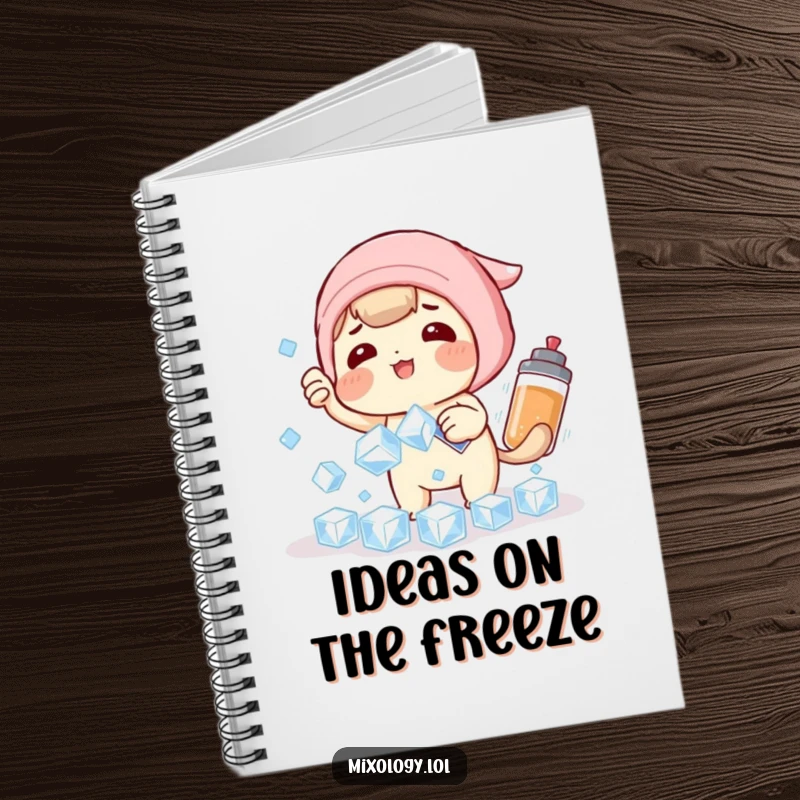 Funny Notebook: Playful character comically tries to catch falling ice cubes with a shaker on this diary for ideas.