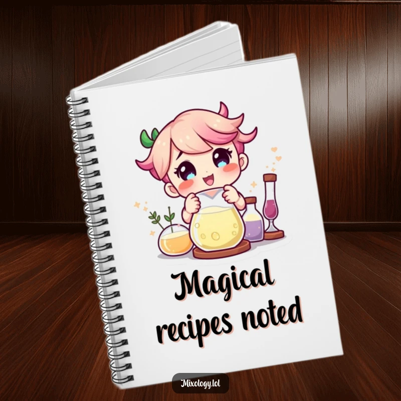 Funny character delighted by magical ingredients combining in a beaker on the cover of a lined notebook.