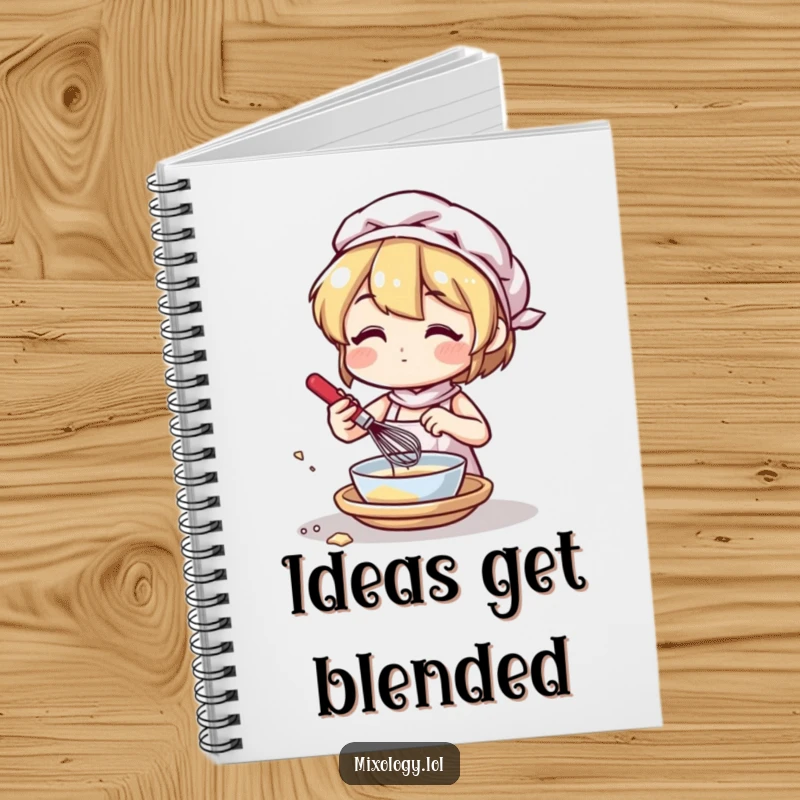 Funny notebook cover with a character mixing ingredients using a small whisk, inspiring culinary notes and recipes.