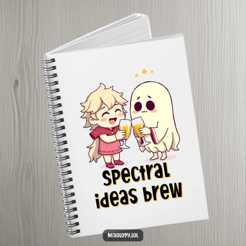 Funny character joyfully toasting a spectral friend on the cover of a lined notebook for notes.