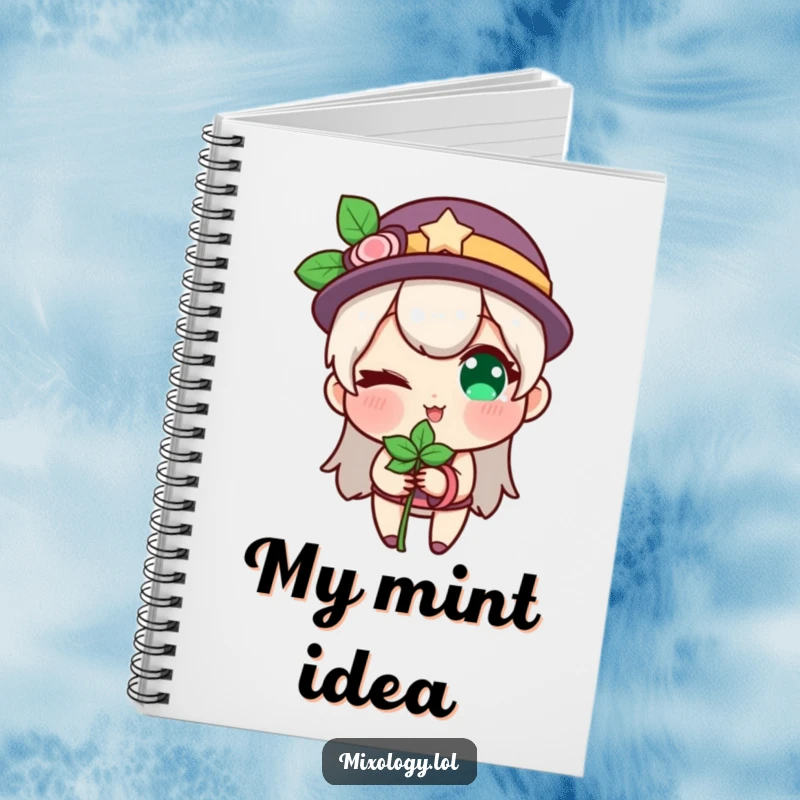 Funny notebook cover with a character winking while holding a sprig of mint, inspiring creative and playful writing.