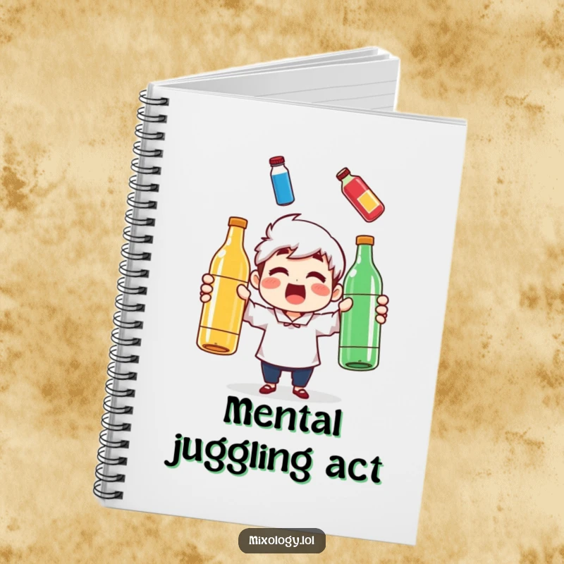 Funny notebook cover featuring a surprised character juggling three colorful bottles, perfect for jotting down humorous ideas.
