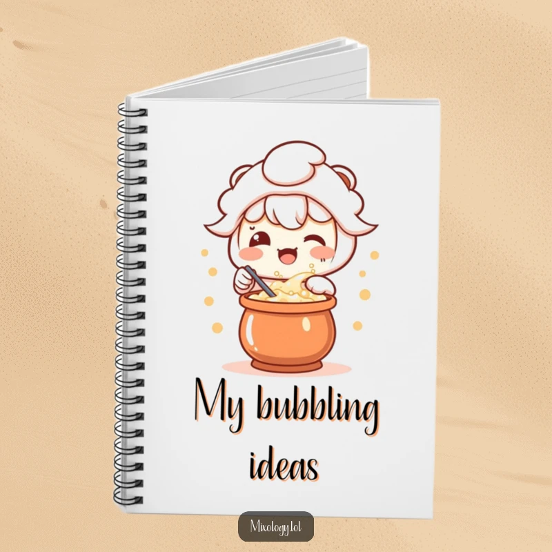 Funny notebook with a delighted kawaii character stirring a bubbling potion, perfect for jotting down creative thoughts.