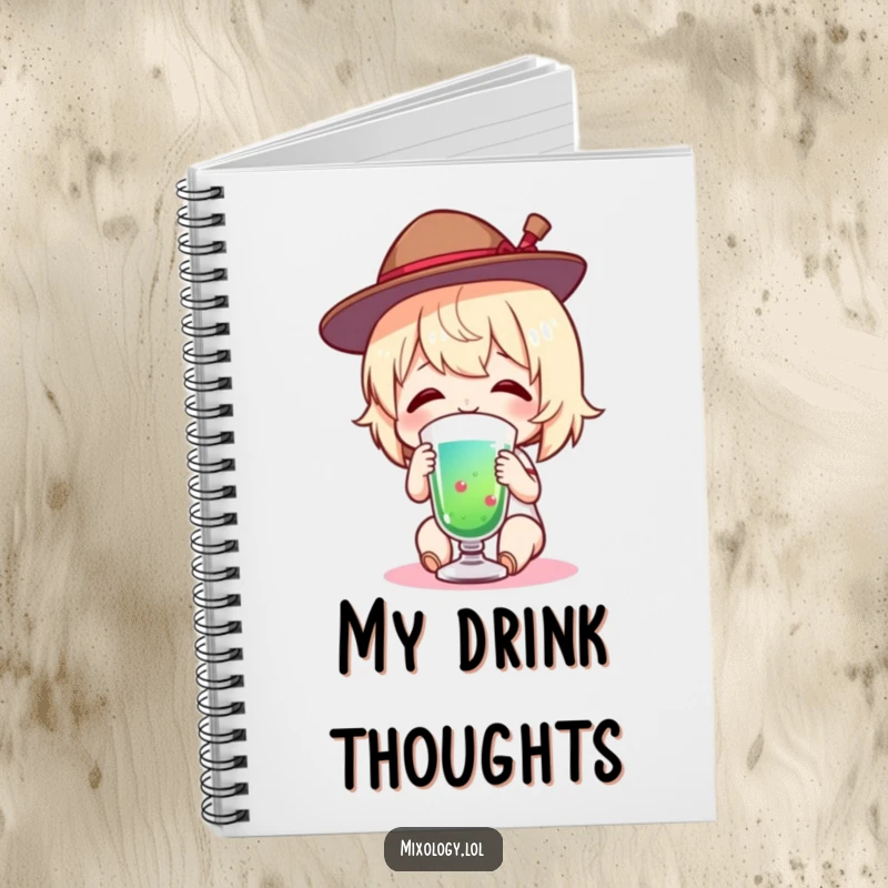 Funny Notebook featuring a charming figure wearing a tiny hat, happily tasting a colorful drink, perfect for writing.