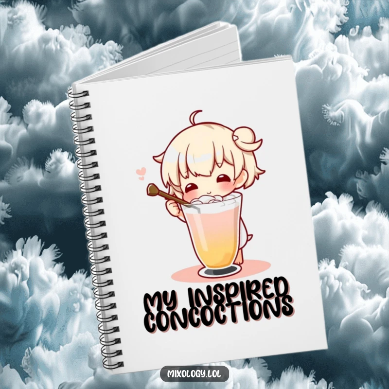 Funny character using a long stirrer to twirl a drink, perfect for note-taking and recipe logging on a notebook.