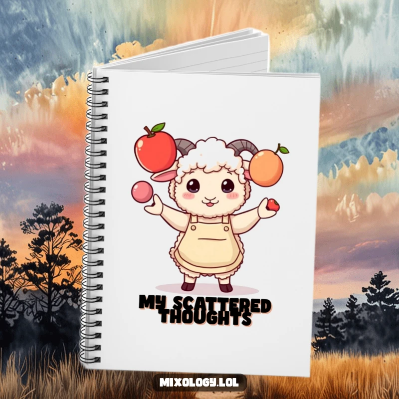 Funny notebook with a fluffy sheep in a stylish apron comically juggling three fruits, inspiring humorous notes.