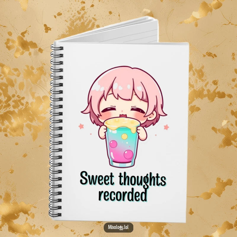 Funny notebook cover with a small character happily sipping a colorful drink with eyes closed, designed for jotting down happy thoughts.
