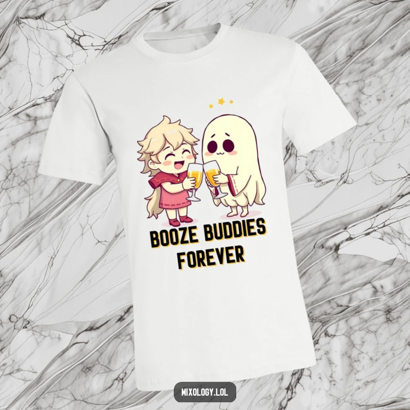 Funny character joyfully clinking glasses with a spectral friend, depicted on a comfortable t-shirt.