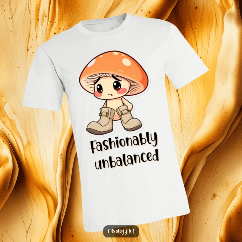 Funny Mushroom T-Shirt: A cute mushroom character looking confused while wearing two completely different boots.