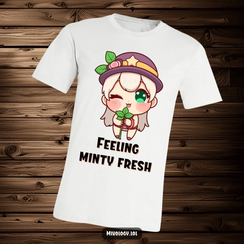 Funny t-shirt graphic of a character winking confidently while presenting a sprig of fresh mint.