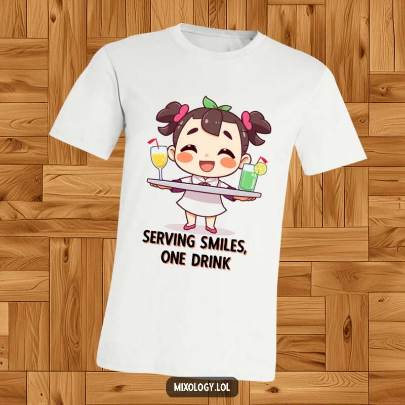 Funny happy character t-shirt, balancing a tray of drinks with a grin, illustrating a passion for hosting and merriment.