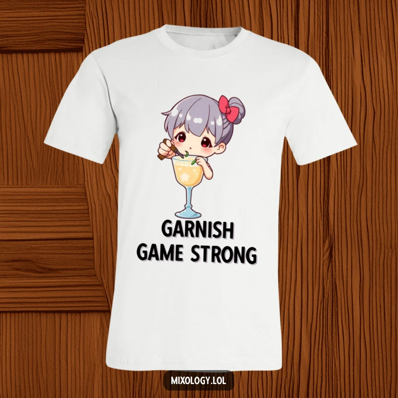 Funny T-Shirt showing a character meticulously garnishing a cocktail with a tiny, flourish-filled movement, expressing playful dedication.