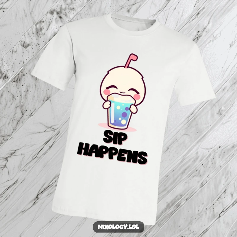 Funny T-Shirt showing a cheerful, bubbly icon with closed eyes, blissfully sipping a vibrant beverage, embodying pure contentment.
