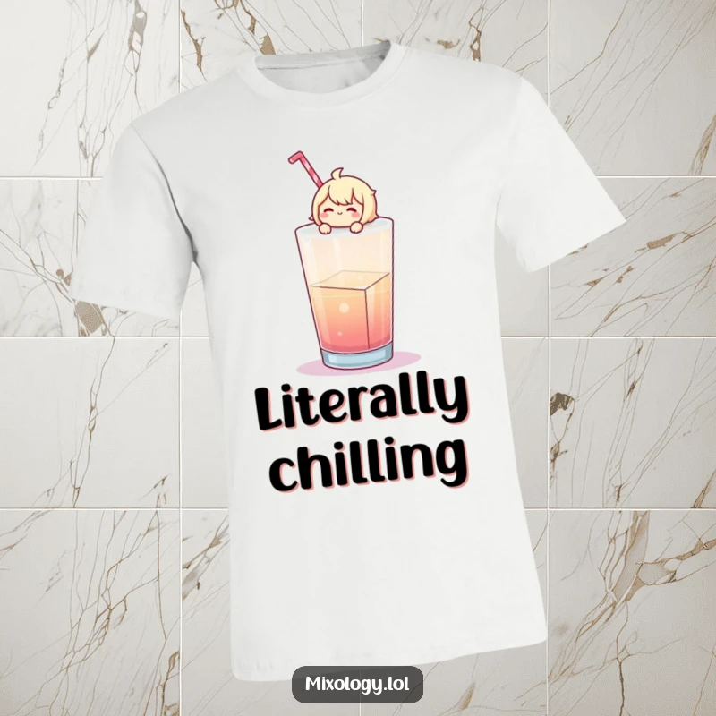 Funny T-Shirt: A cheerful character relaxes on a large ice cube floating in a drink, embodying ultimate chill.