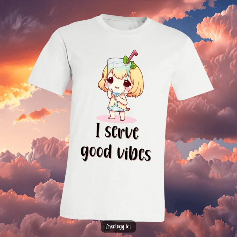 Funny T-Shirt depicting a sweet little character presenting a perfectly chilled glass with a flourish, showcasing coolness.