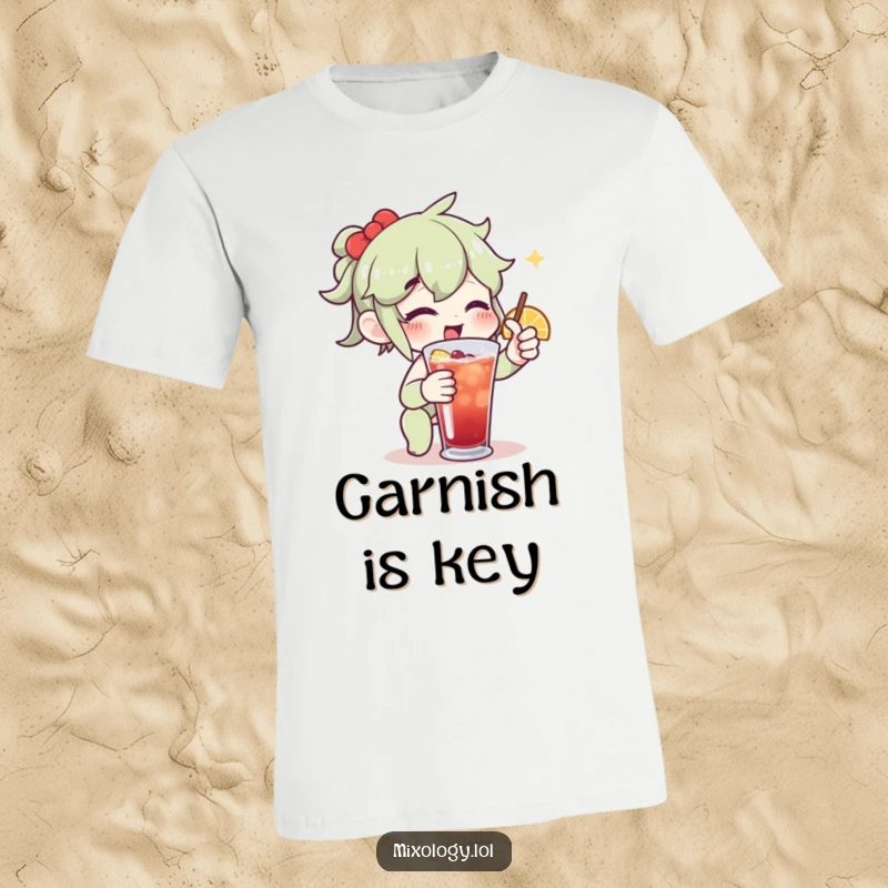 Funny t-shirt depicting an enthusiastic character adding a vibrant citrus twist to a cocktail with a flourish.