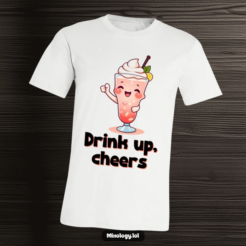 Funny t-shirt showing a cute character expertly garnishing a drink with a flourish, celebrating mixology and fun.