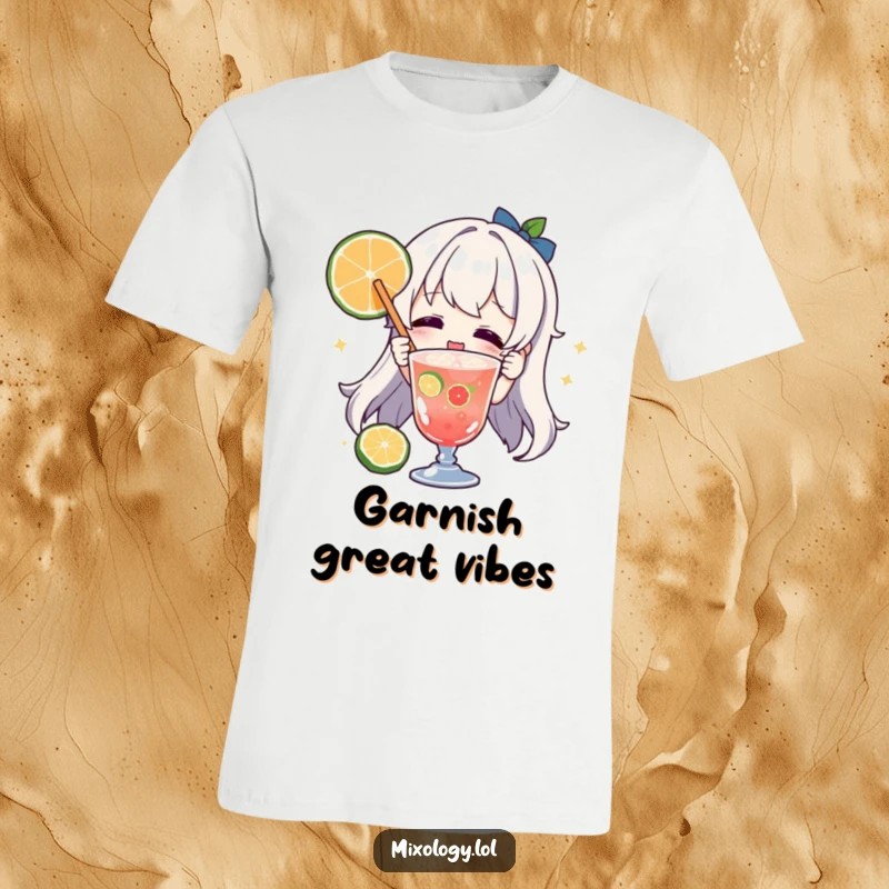 Funny character t-shirt, joyfully garnishing a drink with a fruit slice, illustrating passion for mixology and celebration.