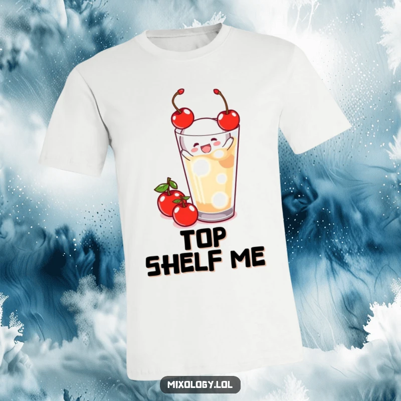 Funny T-Shirt with a tiny figure joyfully adding a bright cherry to a drink, expressing pure delight and a love for flair.