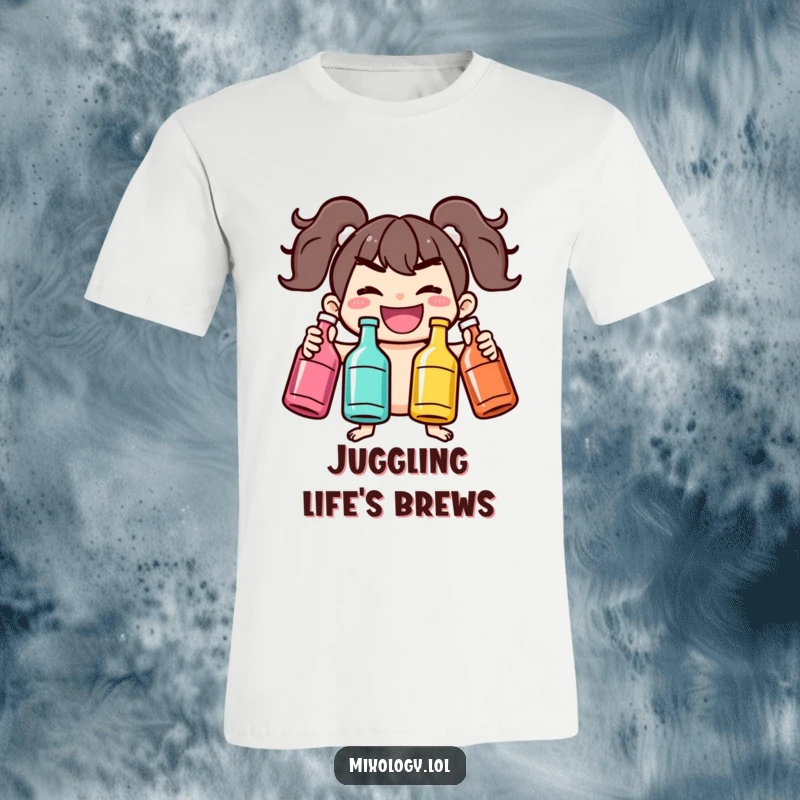 Funny t-shirt with a joyful, mischievous character juggling colorful bottles, ideal for performers, busy individuals, and humor lovers.