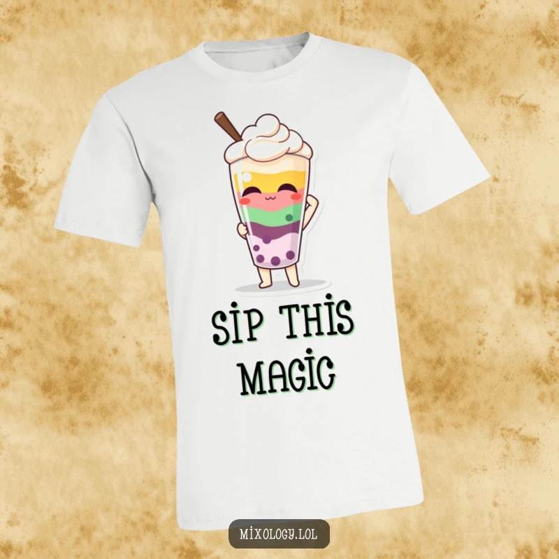 Funny t-shirt featuring a character proudly presenting a colorful, layered beverage, celebrating sophisticated drink enjoyment.
