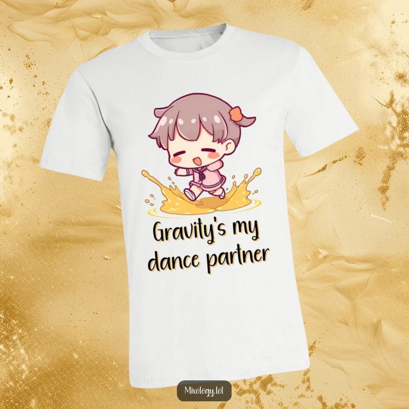 Funny T-Shirt: Character takes a tumble, sending garnish flying, a hilarious depiction of kitchen mishaps, a great funny gift.