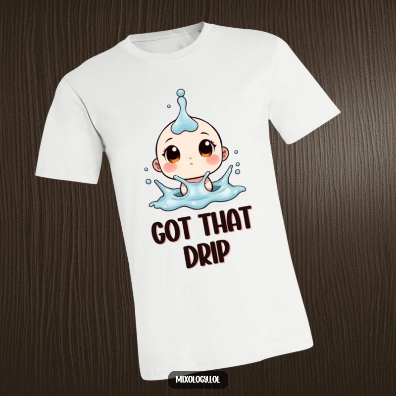 Funny t-shirt showing a tiny character with wide eyes reacting to a sudden upward splash of liquid, capturing a moment of surprise.
