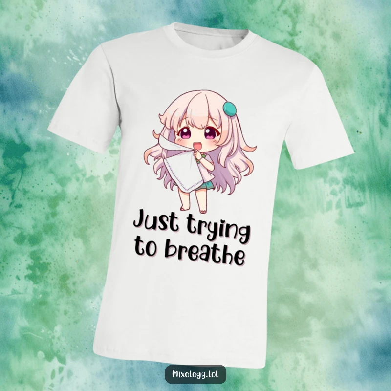 Funny t-shirt showing a cute character hilariously fanning themselves with a cocktail napkin, looking overheated and dramatic.