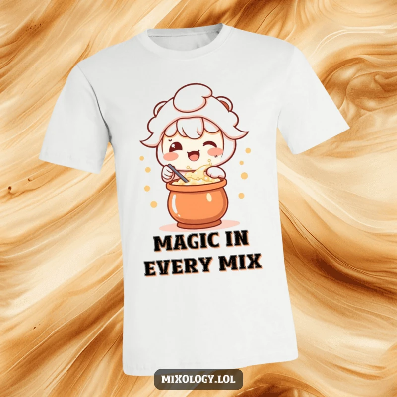 Funny t-shirt featuring an adorable kawaii character joyfully stirring a bubbling, colorful concoction, perfect for magic lovers.