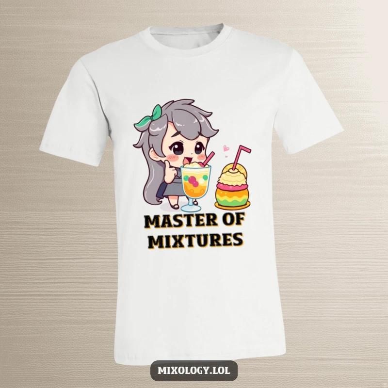 Funny t-shirt showing a character with a confident nod, admiringly looking at a brightly colored, bubbling concoction they’ve made.