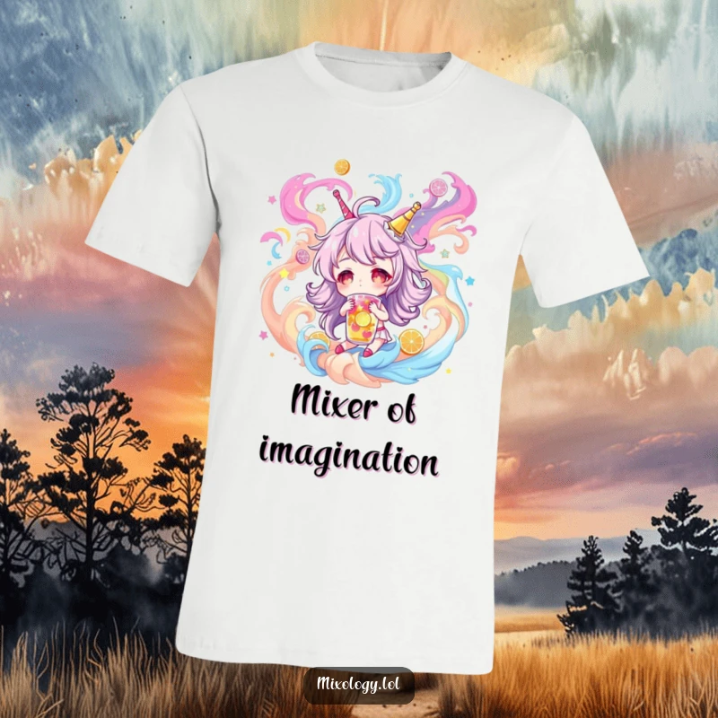 Funny T-Shirt: Character in a colorful dreamscape, imagining fantastical drinks, embodying creativity and whimsy, a great funny gift.