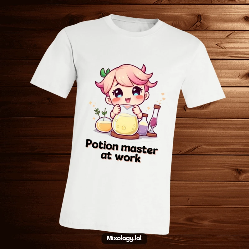 Funny character delighted by magical mixing in a beaker on a comfortable t-shirt.
