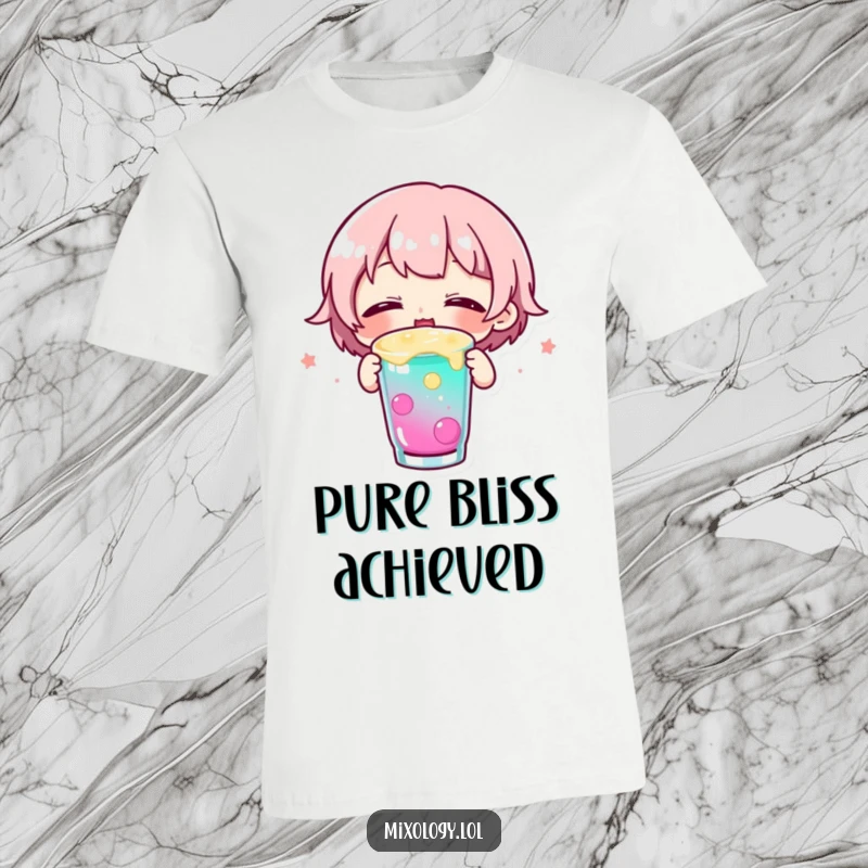 Funny t-shirt featuring a small, adorable character joyfully sipping a colorful beverage with eyes closed in pure, happy delight.