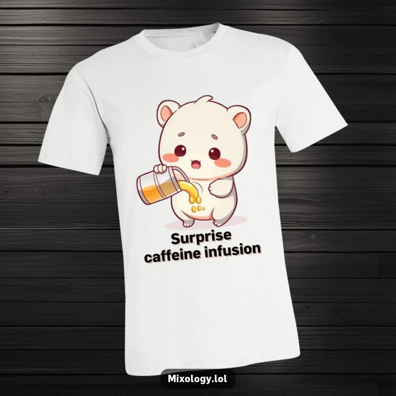 Funny T-Shirt with a sweet creature looking surprised while pouring liquid, capturing a moment of comical oopsies and charm.