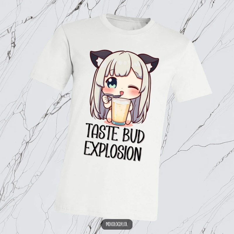 Funny t-shirt of a character experiencing pure delight tasting a drink with a tiny spoon, a foodie's funny gift.