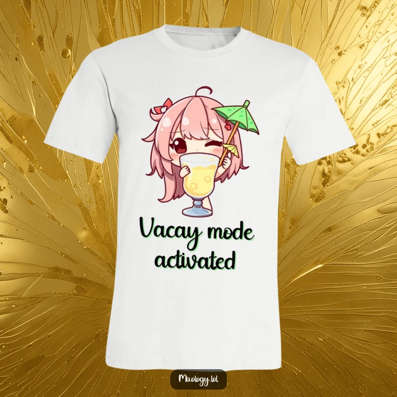 Funny t-shirt depicting a cool character winking mischievously while perfectly garnishing a drink with a tiny, festive umbrella.
