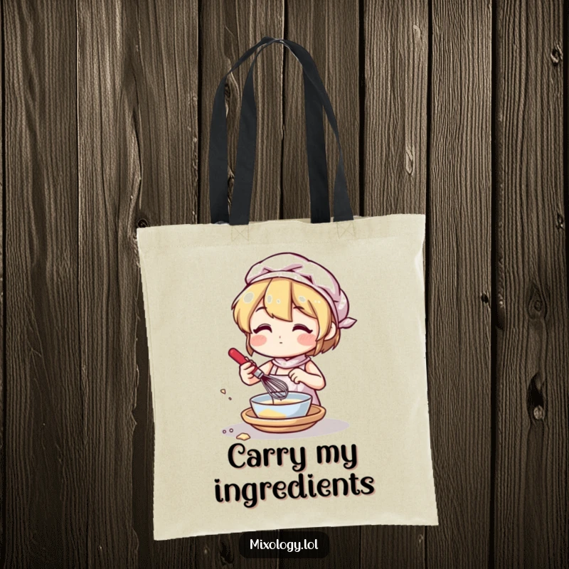 Funny tote bag showcasing a character mixing ingredients with a small whisk, perfect for carrying kitchen essentials with style.