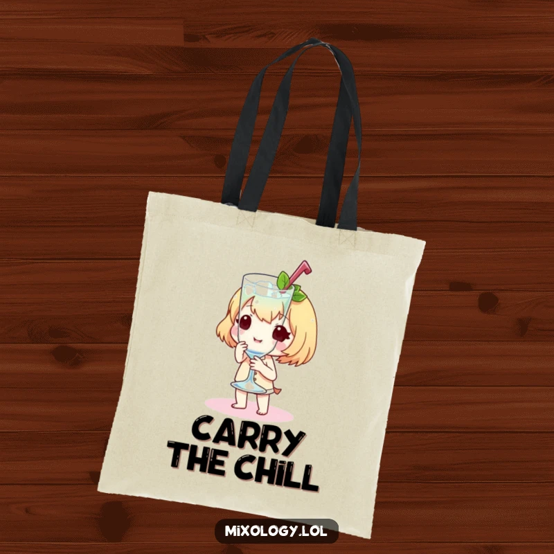 Funny Tote Bag with a sweet little character presenting a perfectly chilled glass with a flourish, great for carrying essentials.