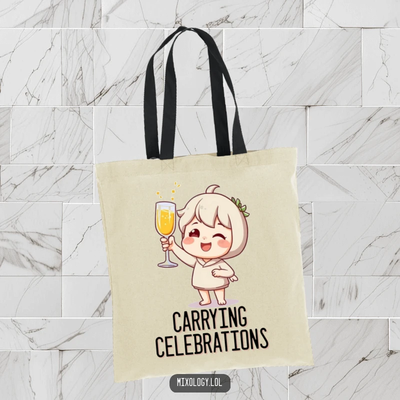 Funny Tote Bag: Joyful character toasting with a sparkling beverage, perfect for carrying celebratory essentials.