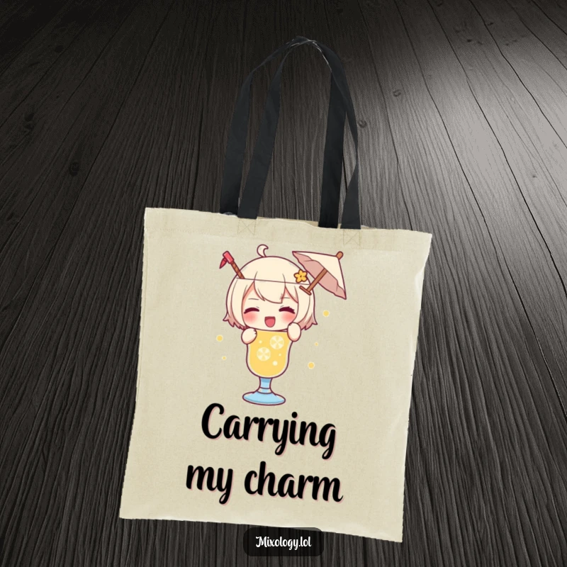 Funny tote bag showcasing a character playfully garnishing a drink with a tiny umbrella and a wink, perfect for daily use.