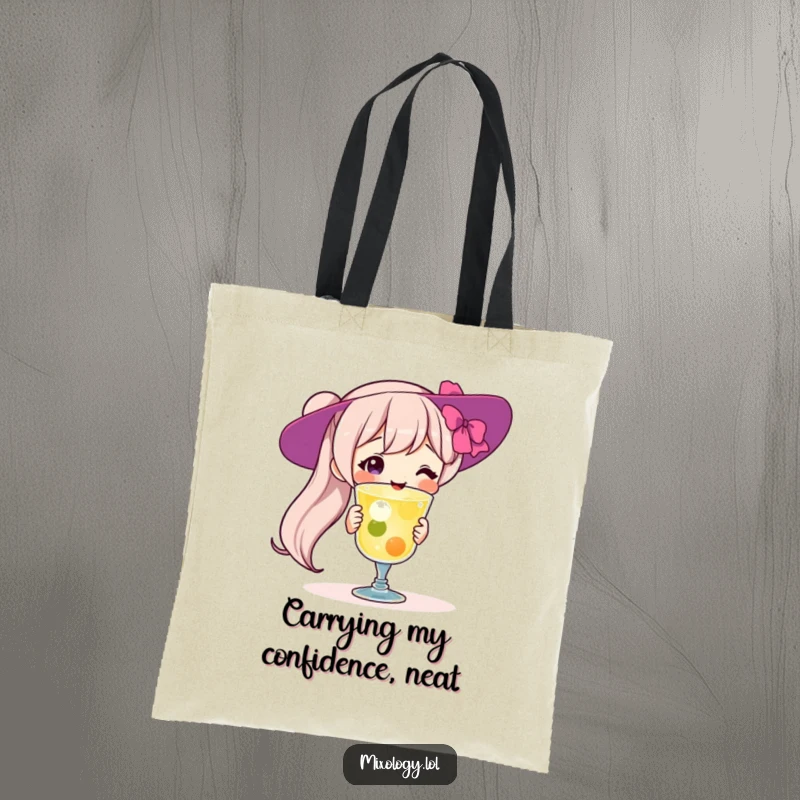 Funny Tote Bag: Proud character smiling with a fancy cocktail, perfect for carrying essentials in style, a great funny gift for drink lovers.