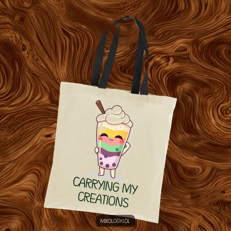 Funny tote bag featuring a character proudly presenting a colorful, layered beverage, perfect for carrying essentials with style.