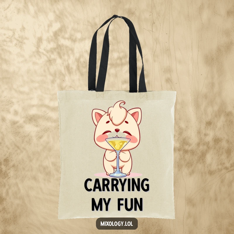 Funny tote bag showing a character with clumsy delight, balancing a cocktail stirrer on their nose, mid-wobble, symbolizing playful challenges.