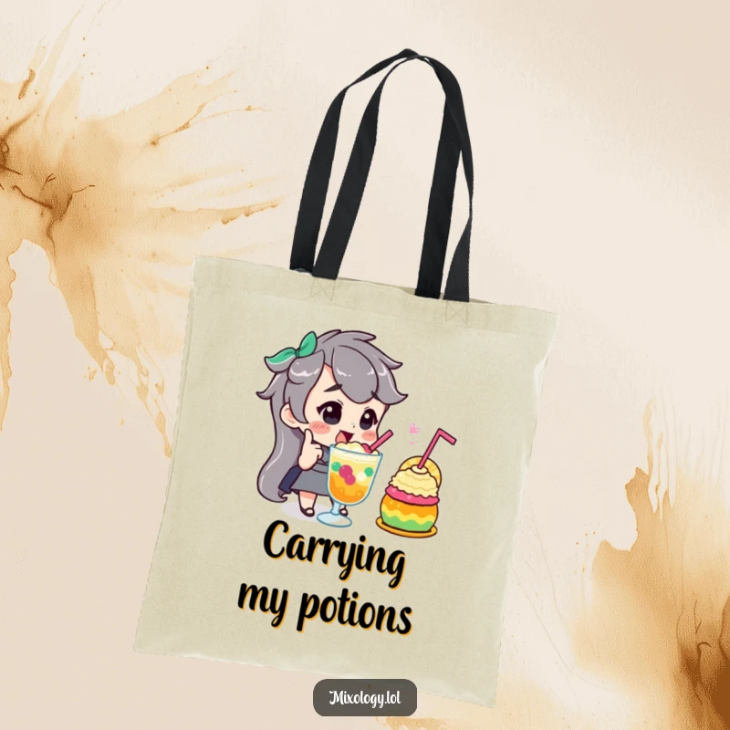 Funny tote bag featuring a character giving a confident nod while admiring a swirling, colorful concoction, celebrating masterful creation.